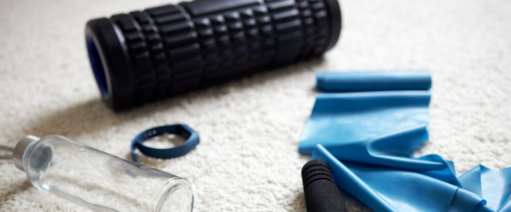 Sports equipment on a carpet